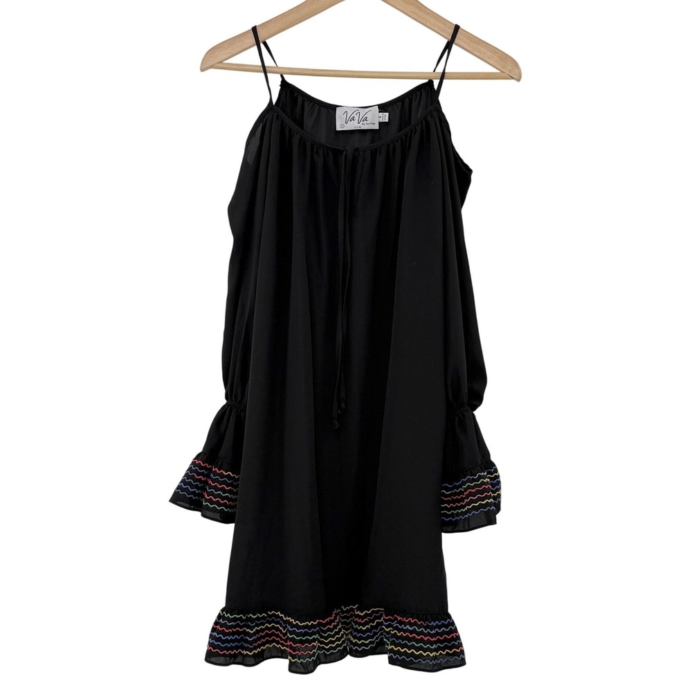 Va Va by Joy Han Womens Small Black Cold Shoulder Dress Embroidered Rainbow‎